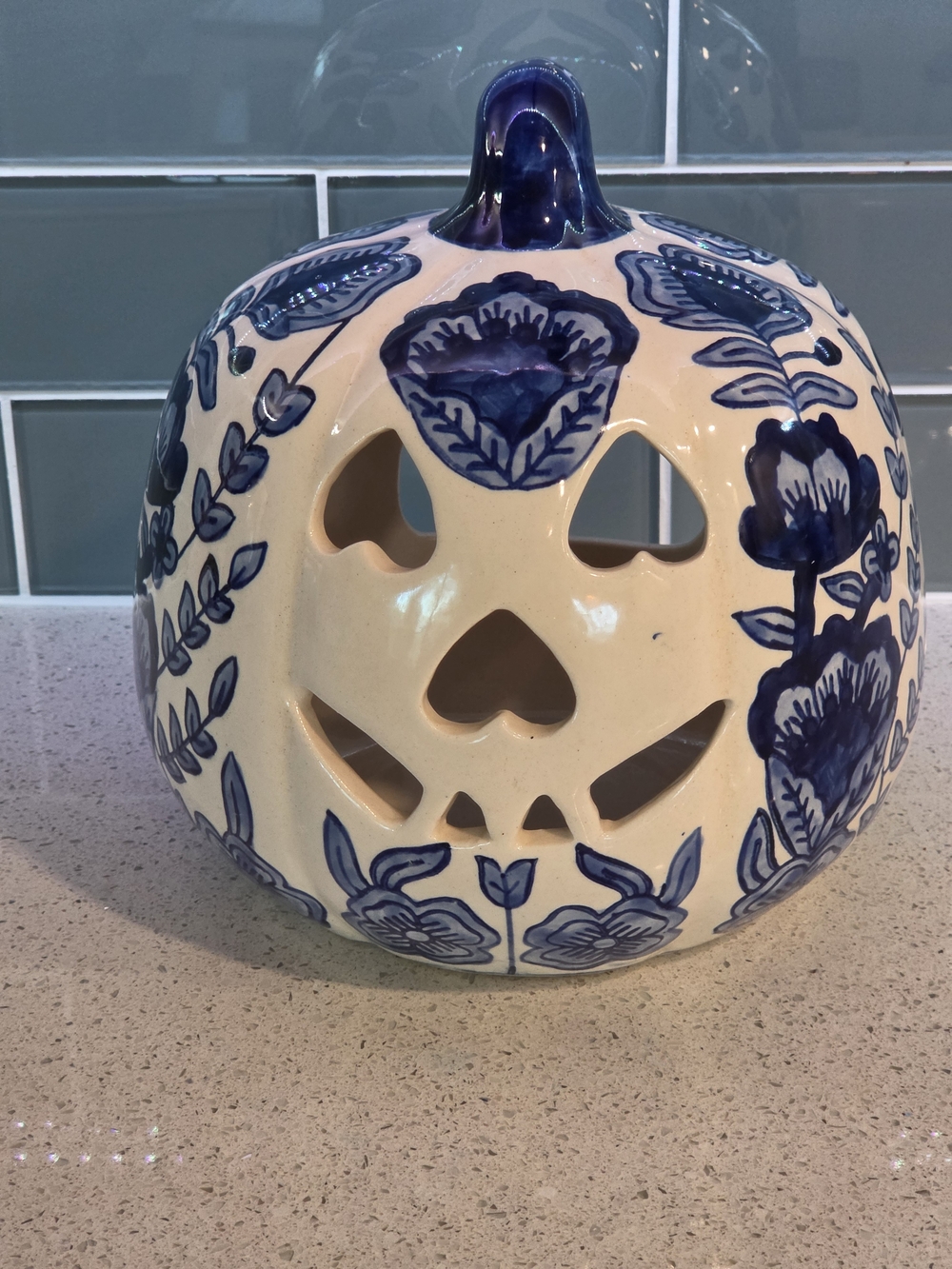 Hand-Painted Blue and White Ceramic Pumpkin Lantern